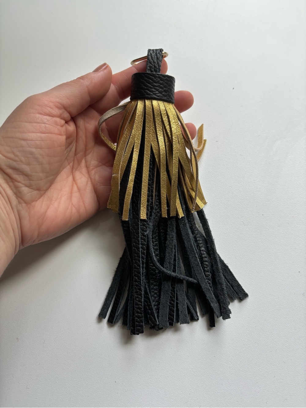 Black & Gold Leather Tassel Keyring with Gold Hardware - Picture 8 of 9